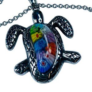 Sea Turtle Necklace Stainless Steel Multicolor Millefiori Floral Center 20 inch